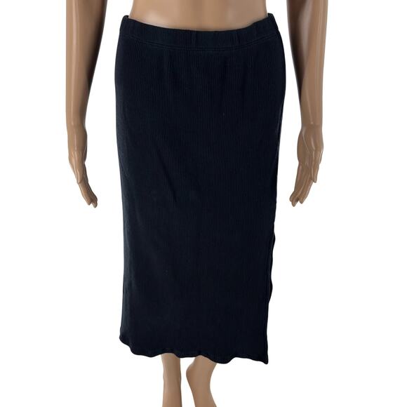 Womn Black Michelle Ribbed Side Slit Cotton Midi Skirt - Picture 2 of 7